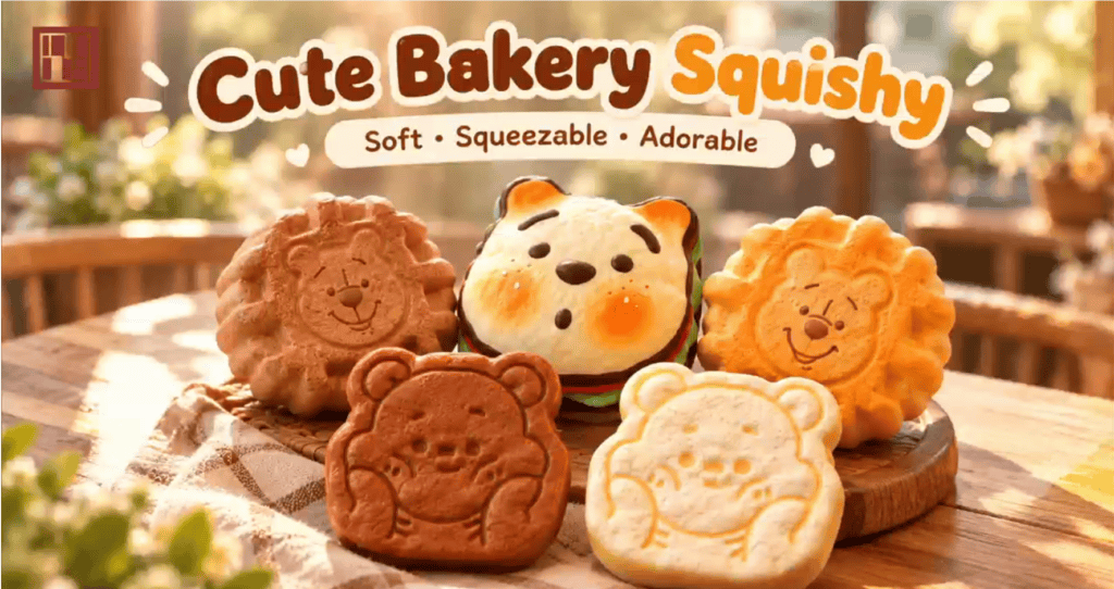 Cute Bakery Squishy collection by IdeeFun - adorable animal-shaped slow-rise squishies including lion cookies, a tiger sandwich bun, and bear biscuits styled like a cozy bakery patio