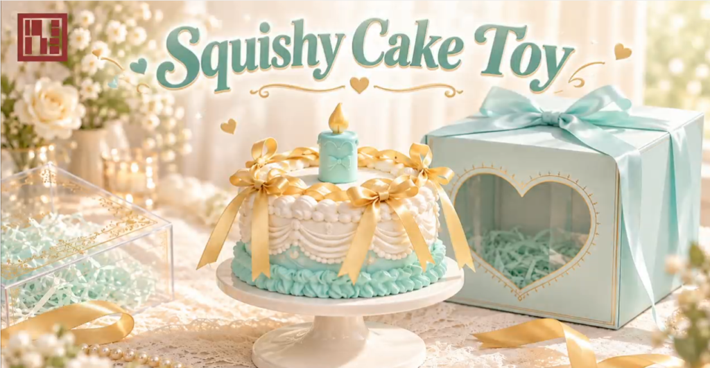 IdeeFun Squishy Cake Toy - a mint teal slow-rise PU foam birthday cake squishy with gold bows, a candle topper, and matching gift box packaging on a lace table